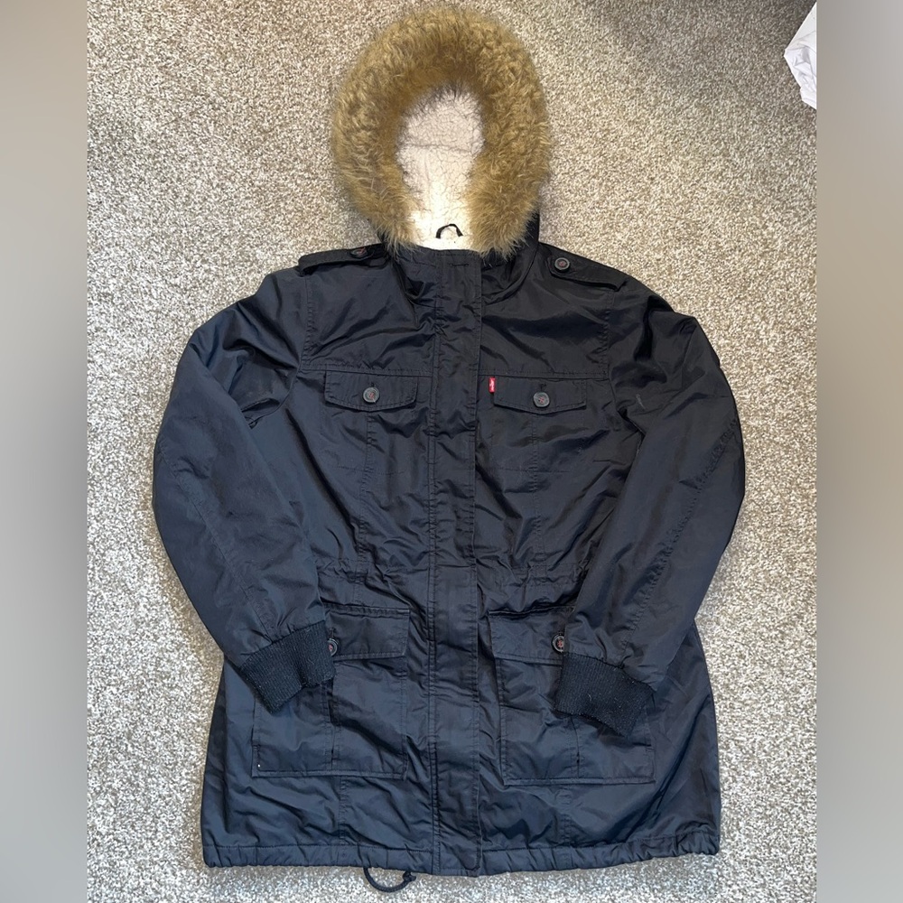 Levi Strauss - Black Heavy fur-lined hood winter zip-up Parka